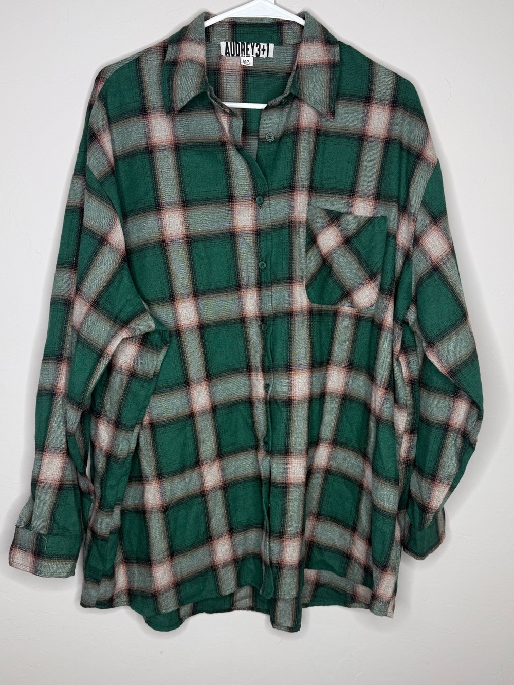 AUDREY 3+1 Womens Oversized Flannel Shirt Green Plaid Size M/L